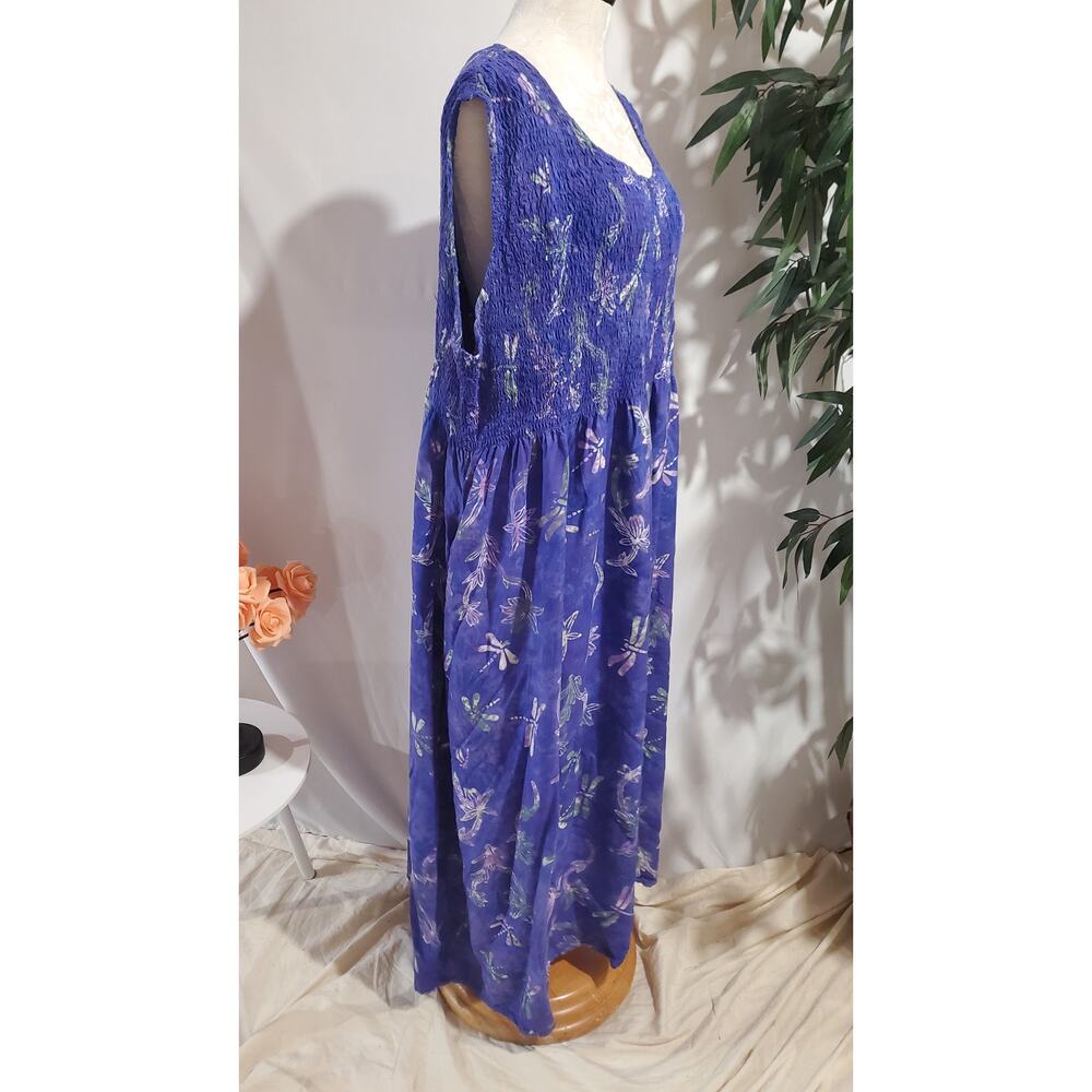 Vintage Lost River Batik Dragonfly Smocked Maxi Dress Size 3X Purple Pockets - Picture 2 of 12